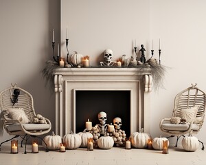 This eerie halloween scene, featuring white pumpkins and skulls lit by a cozy fireplace, captures the warm autumn atmosphere of a cozy indoor room