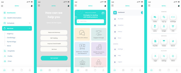 Menu Screens App UI Kit & Dashboard Blue Side Bar Template