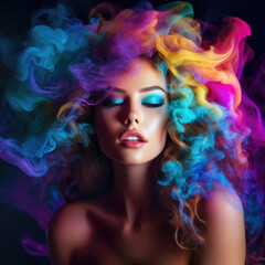 Fashion art portrait of beauty model woman in bright lights with colorful smoke - 643600160