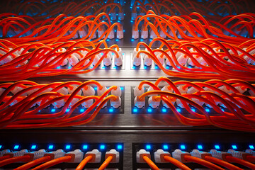Countless orange cables in a metal server cabinet lit by a single spotlight.