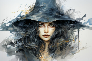 A woman witch drawn in watercolor on isolated background