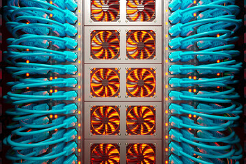 Colourful blue cables in a server cabinet lit by a single spotlight. Fan cooling