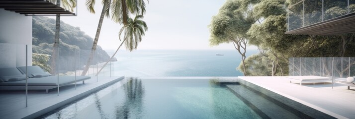 Fototapeta premium Outdoor tourism landscape. Luxurious beach resort with swimming pool. Summer travel and vacation background concept