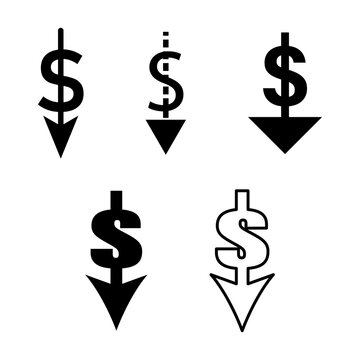 Cost reduction icon set. Money symbol with arrows down. Dollar decrease sign. Dollar down icon. Vector illustration. EPS 10.