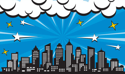pop art comic background with city silhouette and cloud illustration. flat comic style background © zuriya