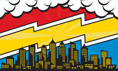 pop art comic background with city silhouette and cloud illustration. flat comic style background