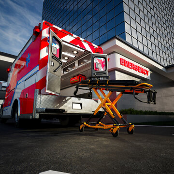 An open ambulance truck standing in front of an emergency hospital entrance