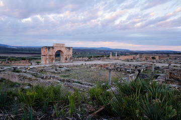 Fototapeta na wymiar Beautiful sunset landscape. The ancient antique roman city Volubilis in Morocco, Africa.