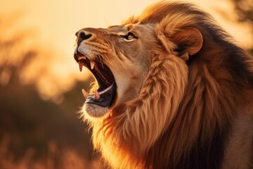 Roaring lion close-up, side view, portrait of a lion evening backlit, King of the jungle,...