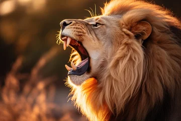 Foto op Plexiglas African lion close-up, evening backlit safari, lions roar,  generative ai © nilanka