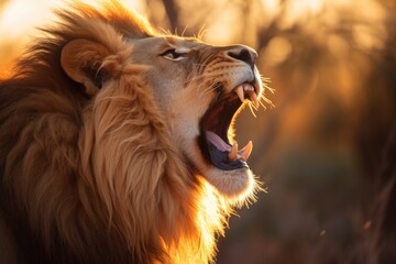 Portrait of a majestic male lion, Roariong big cat, open mouth, fierce lion, King of the jungle,...