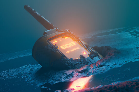 Close up of walkie-talkie left on the ground screen showing glowing SOS signal.