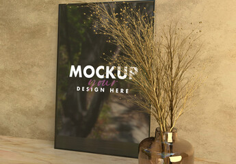 Elegant Frame Mockup In a Golden Wall and Desk and a Dry Flowers Glass Jar