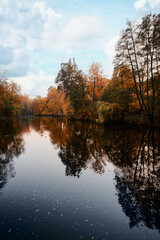 Colors of fall. Beautiful autumn landscape with forest and lake.