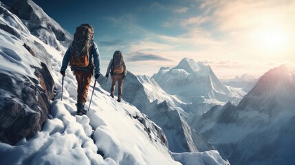 Two mountaineers on the snowy moutains in the evening, walks in Dangorous path, generative ai