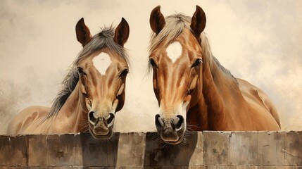 Horse in a stable close up, two horses looking over the fence illustration, generative ai