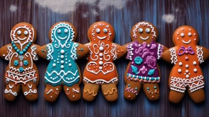 Gingerbread cookies on a wooden background. Gingerbread men and women. Christmas Concept with Copy Space.