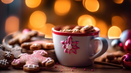 Obraz na płótnie Canvas Cup of hot chocolate with gingerbread man and Christmas decorations on bokeh background. Christmas Concept with Copy Space.