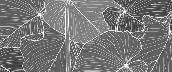 Gray botanical background with tropical leaves. Monochrome background for decor, wallpapers, covers, postcards and presentations.