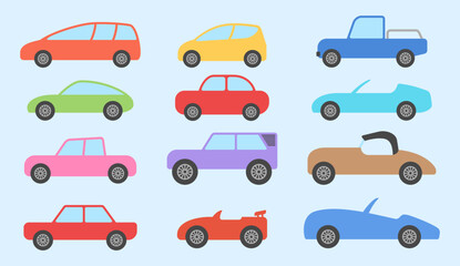 Vector Illustration of Various Car in Flat Cartoon Style. Cute Vehicle Collection