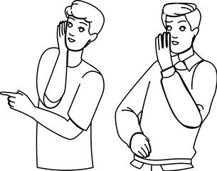 young whispering man vector. whisper gossip, secret wo, telling portrait young whispering man character. people black line illustration