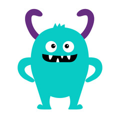 Cute monster. Happy Halloween. Head face with horns, fangs. Blue silhouette monsters. Cartoon kawaii funny boo character. Childish baby collection. T-shirt design. White background. Flat design.