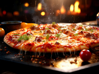 Slice of hot pizza large cheese lunch or dinner crust seafood meat topping sauce . AI generated