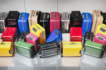 A lot of colorful suitcases against a wall at an airport or train station