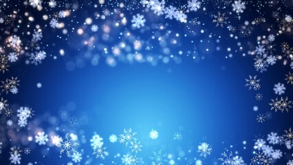 Christmas glittering glowing snowflakes particles and bokeh lights falling shiny background.