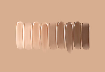 Makeup swatches smears of creamy foundations isolated. Light beige cream swatch base textures for background.