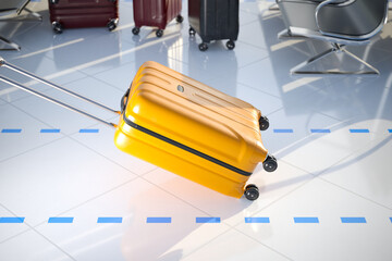 A first person view shot of a yellow suitcase being pulled at an airport