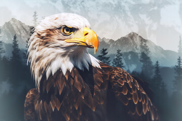 Bald Eagle in the mountains. 3D illustration. Vintage style.