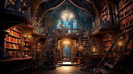 Fototapeta na wymiar A wonderful fantastic old library full of magical books