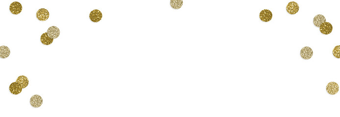 Happy New Year or birthday festive composition. Golden glittering round confetti isolated on background. Celebration, party concept. Sparkling metallic texture. Flat lay, top view. Empty copyspace