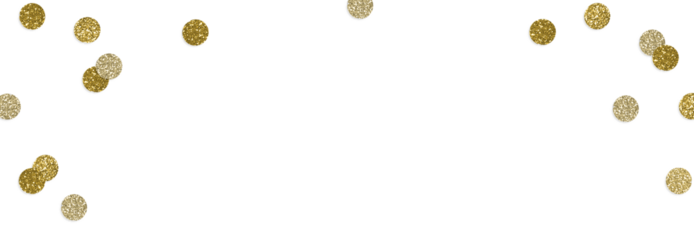 Happy New Year or birthday festive composition. Golden glittering round confetti isolated on background. Celebration, party concept. Sparkling metallic texture. Flat lay, top view. Empty copyspace