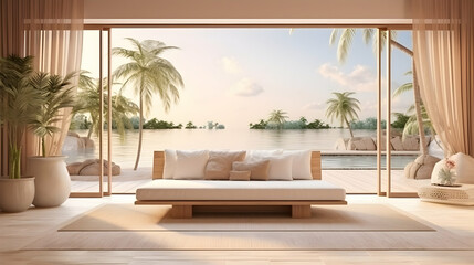 Naklejka na ściany i meble Beige light hotel living room with panoramic windows and summer sea view