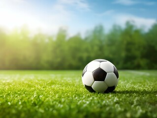 Soccer ball on green grass soccer field with blurred tree and blue sky background with copy space