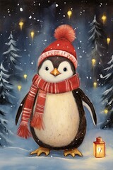 Baby penguin wearing red scarf and hat in Christmas night. Generative Ai illustration