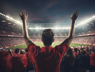 Back view of soccer fans hand up cheering in football stadium
