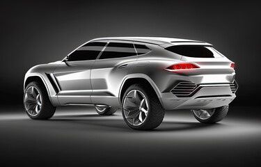 Back side view on silver shiny SUV car concept in empty studio on background. Postproducted generative AI illustration.	
