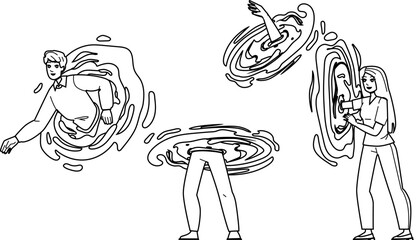 teleport portal vector. magic circle, effect hologram, energy game, digital podium, time glow teleport portal character. people black line illustration