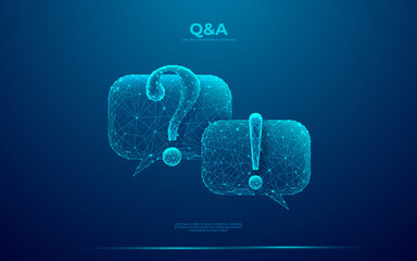 Two dialogue bubbles chat with Question and Answer blue symbols. Abstract digital speech bubble icon in futuristic low poly wireframe style. Communication, discussion, and messenger concept.