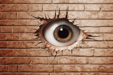 Eye looking through a hole in brick red wall. Conceptual image.