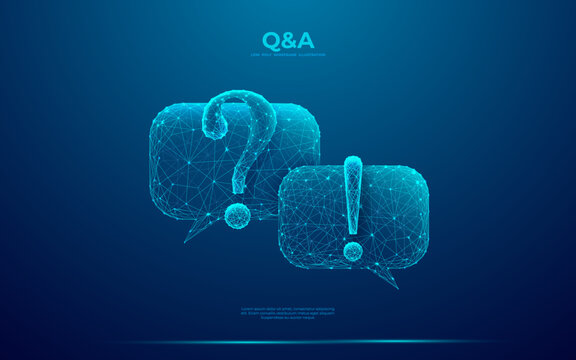 Two dialogue bubbles chat with Question and Answer blue symbols. Abstract digital speech bubble icon in futuristic low poly wireframe style. Communication, discussion, and messenger concept.