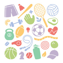 Simple sports equipment, exercise item team, game supply and dieting healthy food icon set