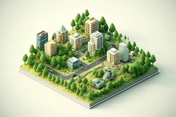 isometric city concept with buildings, roads and parks. 3d rendering