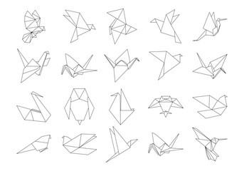 Vector set of outline paper origami birds isolated on white