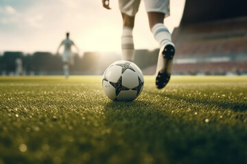 Fototapeta premium Soccer player in action with ball on the field. background