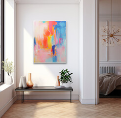 a clean wall with a brightly colored oil painting hanging on it, light luxury, close up