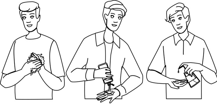 hand sanitizing hands man vector. gel clean, coronavirus soap, antibacterial covid hand sanitizing hands man character. people black line illustration